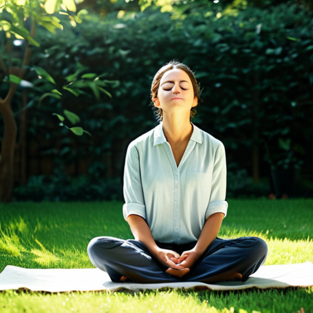 Serene Mindfulness Practice**

"A woman in comfortable, modest clothing sits in a peaceful garden, eyes closed, practicing mindfulness. Sunlight filters through the trees, creating a calming atmosphere. Fully clothed, appropriate attire, safe for work, perfect anatomy, natural proportions, professional photography, high quality, family-friendly."

**