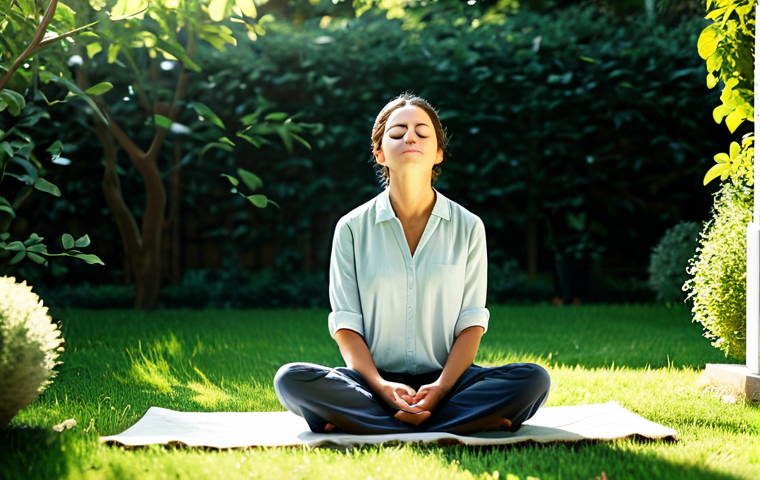 Serene Mindfulness Practice**
"A woman in comfortable, modest clothing sits in a peaceful garden, eyes closed, practicing mindfulness. Sunlight filters through the trees, creating a calming atmosphere. Fully clothed, appropriate attire, safe for work, perfect anatomy, natural proportions, professional photography, high quality, family-friendly."
**