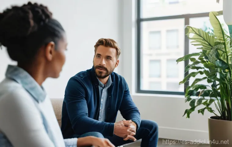 중독상담사의 상담 기법과 사례 - **Prompt:** "A diverse adult, wearing comfortable, everyday clothing, sits across from a kind and pr...