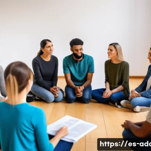 중독상담사와 심리치료사의 차이점 - A compassionate addiction counselor leading a diverse group therapy session in a modern community ce...