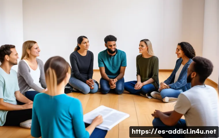 중독상담사와 심리치료사의 차이점 - A compassionate addiction counselor leading a diverse group therapy session in a modern community ce...