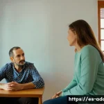 중독상담사로 일하며 겪은 보람 있는 순간 - A compassionate addiction counselor in a warmly lit therapy room in Spain, attentively listening to ...