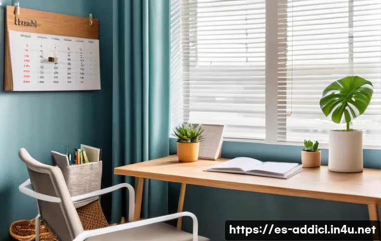 중독상담사 시험 준비를 위한 스터디 방법 - A serene, well-organized study room in a modern Spanish home, featuring a wooden desk with neatly ar...
